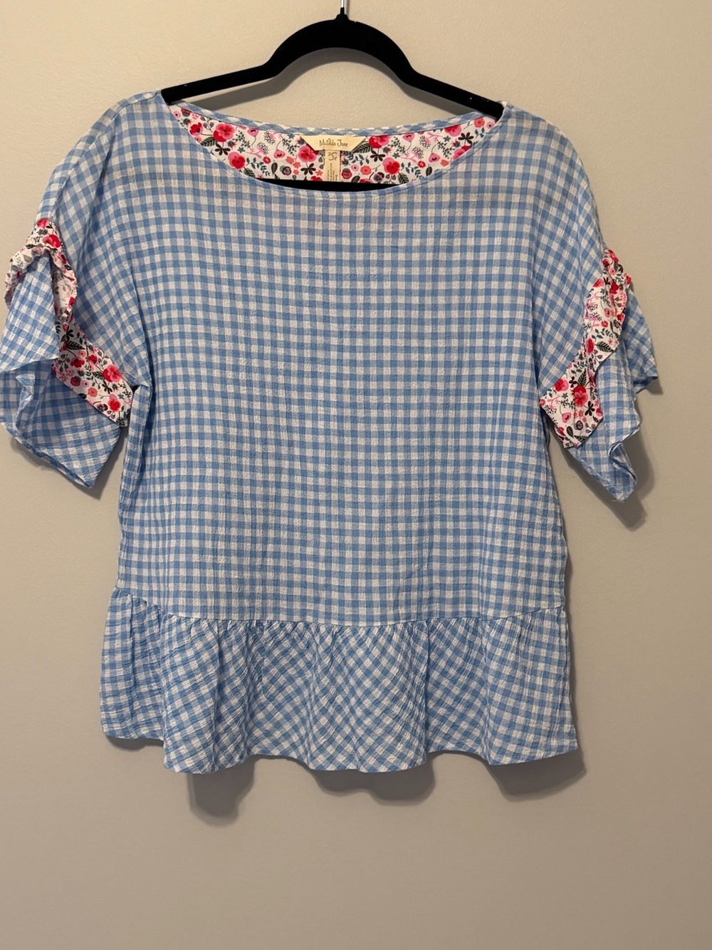 Matilda Jane Blue Gingham Floral Ruffle Peplum Top Sz S